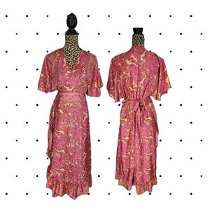 LOMBOK pink wrap dress with ruffles and gold designs (M/L)
